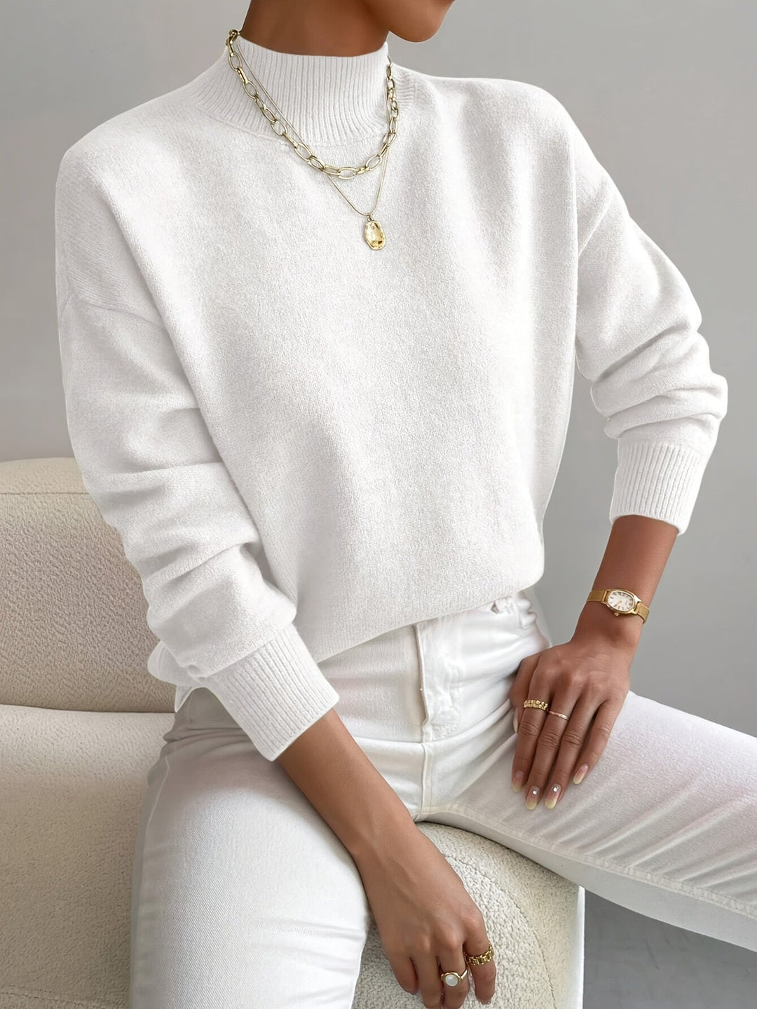Thelvande | Pull Femme Col Montant Manches Longues - White - Image 1