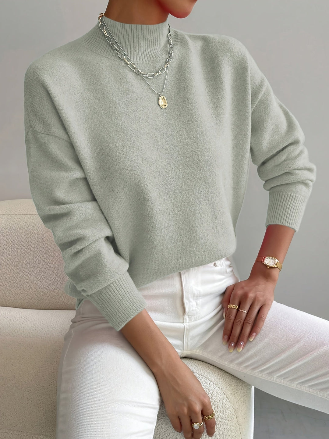 Thelvande | Pull Femme Col Montant Manches Longues - White - Image 10