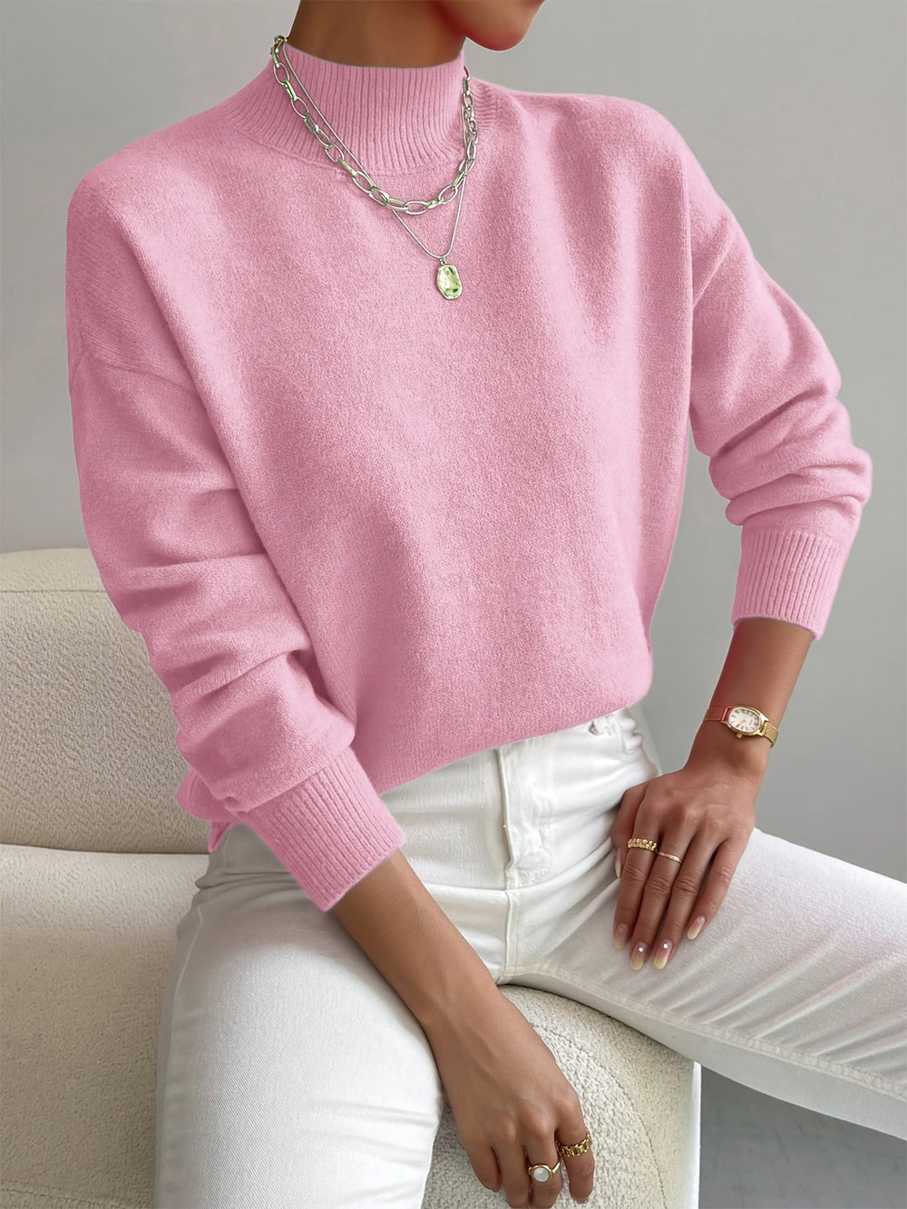 Thelvande | Pull Femme Col Montant Manches Longues - White - Image 2