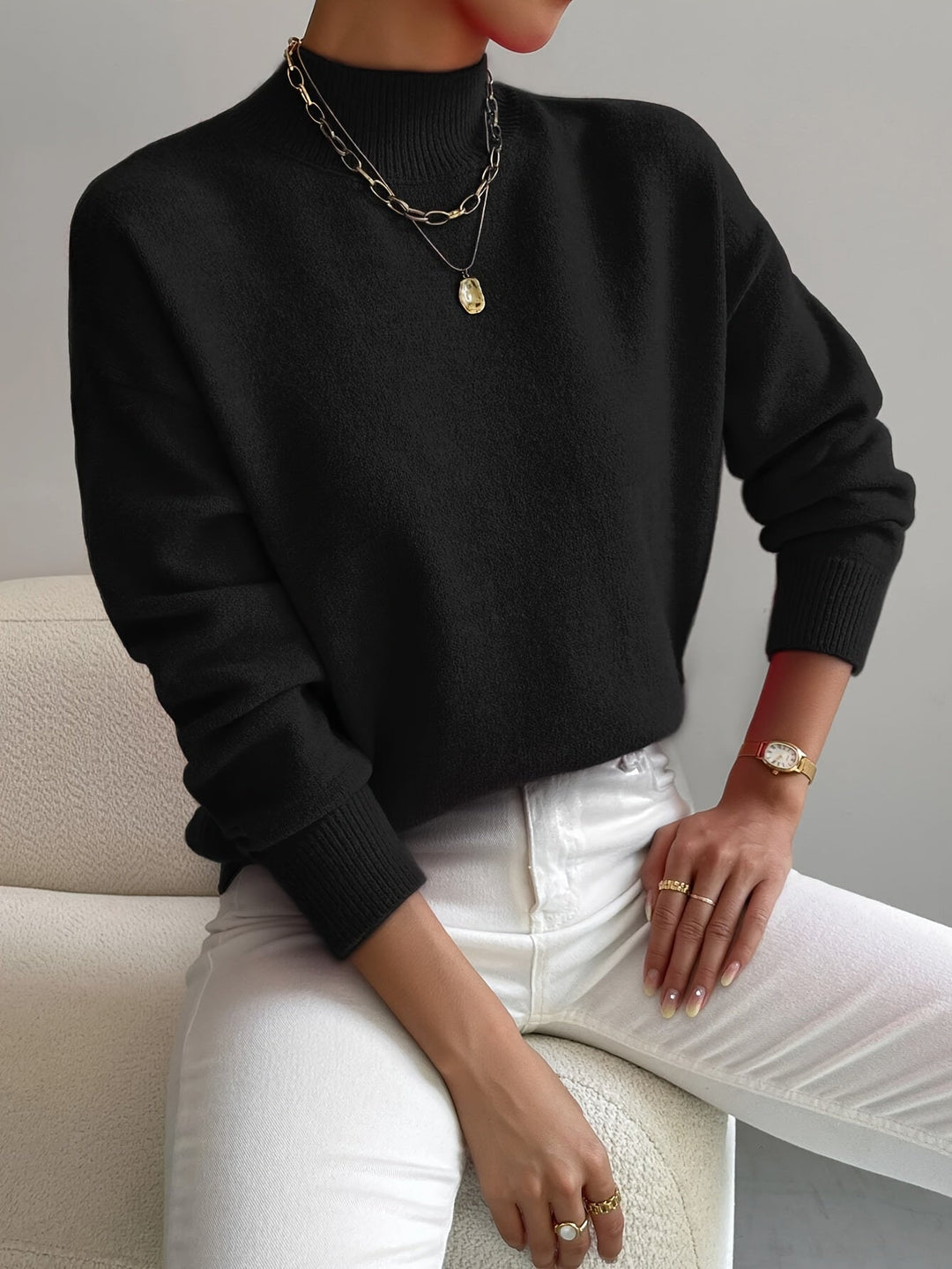 Thelvande | Pull Femme Col Montant Manches Longues - White - Image 5