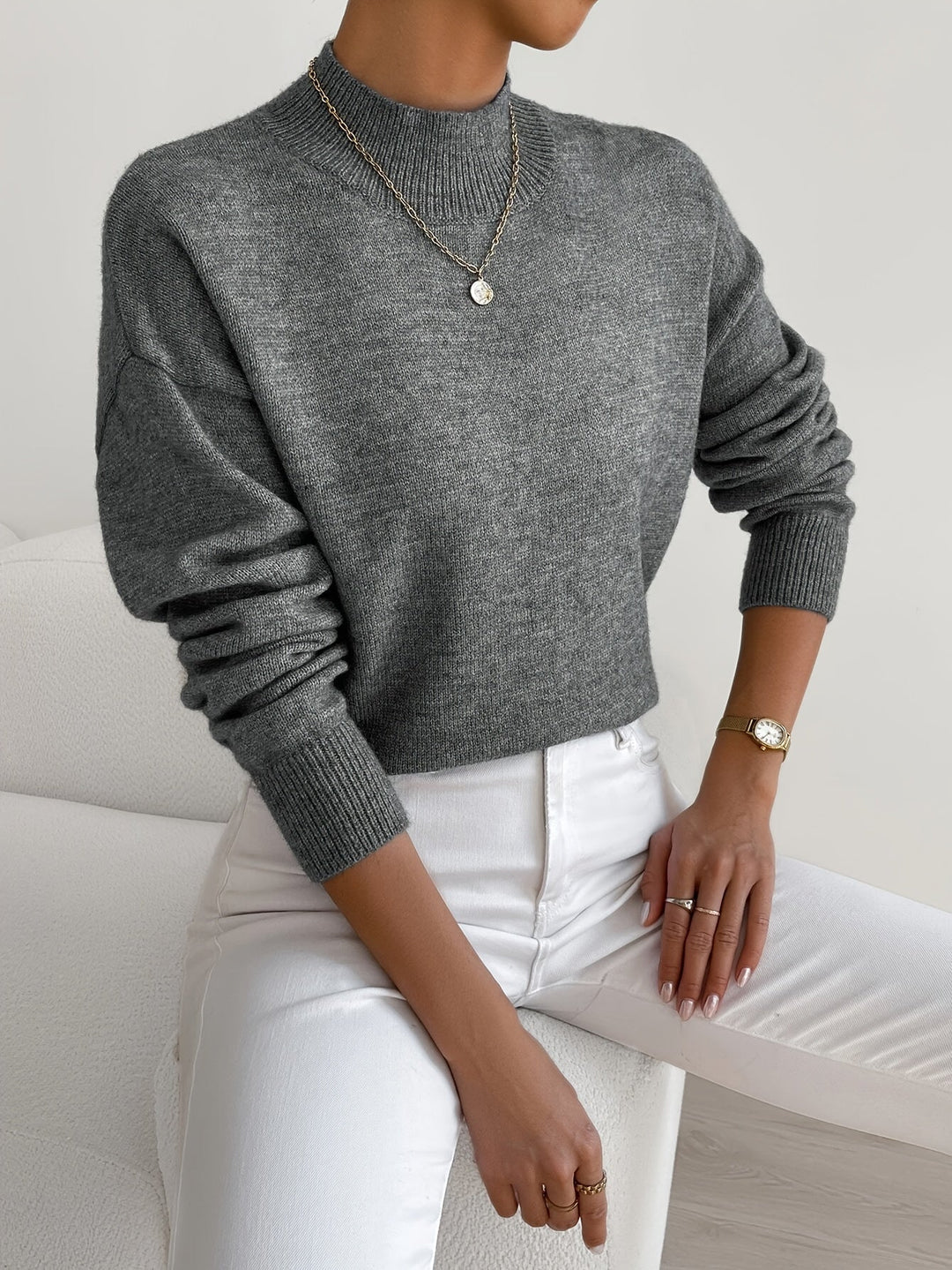 Thelvande | Pull Femme Col Montant Manches Longues - White - Image 9