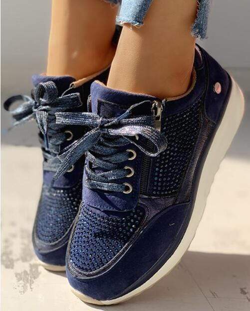 Thelvara | Femme Baskets Lacets Plateforme Strass - Navy - Image 4