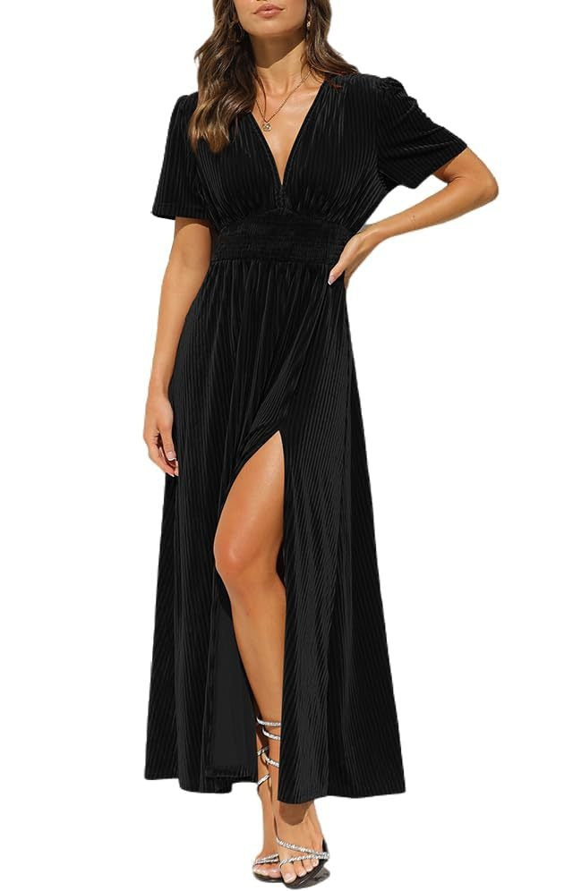 Thelvire | Femme Robe de Soirée Velours Maxi - Black - Image 1