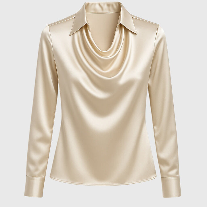 Thelvorne | Chemisier Femme Col Drapé Satiné - Champagne - Image 10