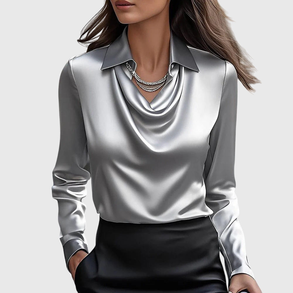 Thelvorne | Chemisier Femme Col Drapé Satiné - Champagne - Image 2