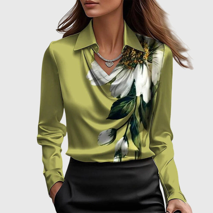 Thelvorne | Chemisier Femme Col Drapé Satiné - Champagne - Image 7