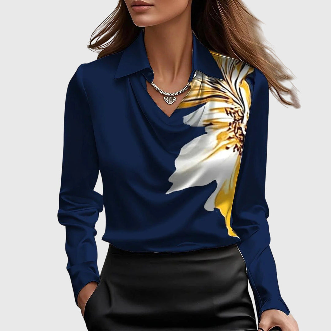 Thelvorne | Chemisier Femme Col Drapé Satiné - Champagne - Image 8