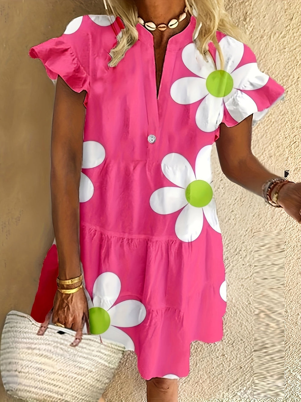 Theodora | Women's Floral Short Sleeve Midi Dress - Pink - Image 2