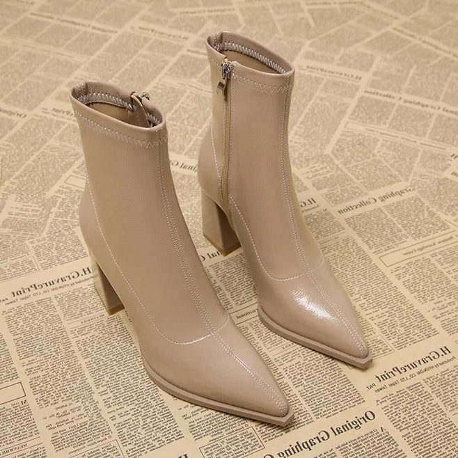 Thélorie | Femme Bottines à Talons Bloc Bout Pointu - Beige - Image 1