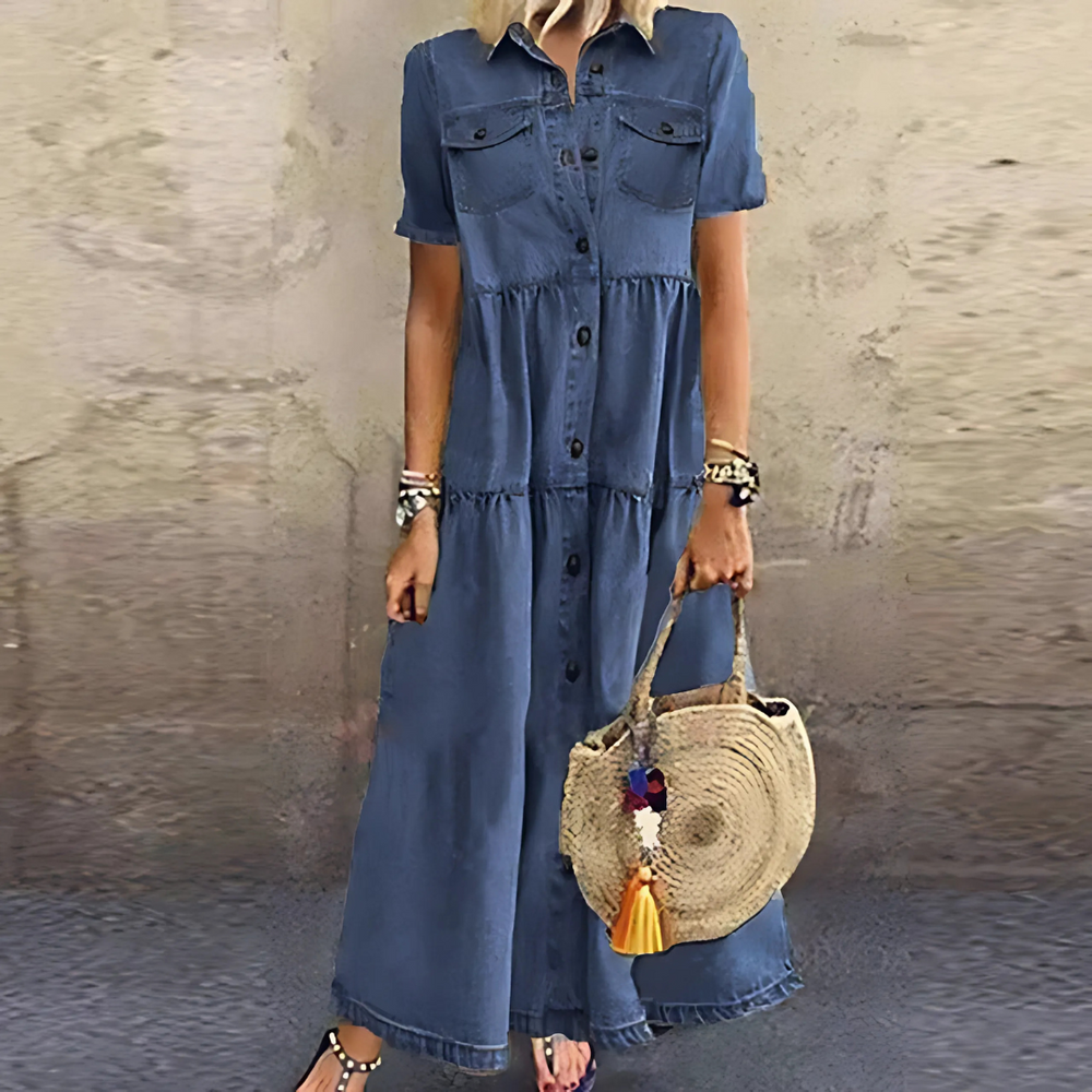 Théodeline | Robe Femme en Jean Longue Boutonnée - Light Blue - Image 2