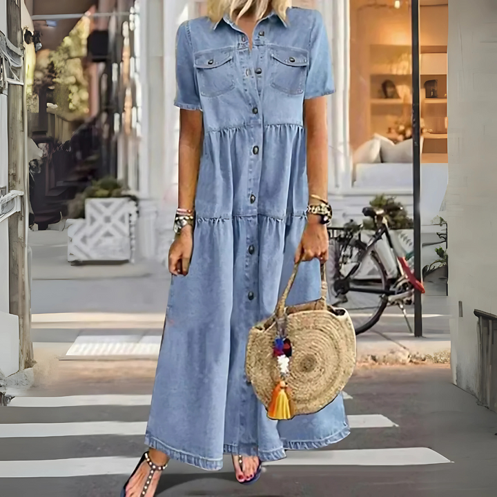 Théodeline | Robe Femme en Jean Longue Boutonnée - Light Blue - Image 3