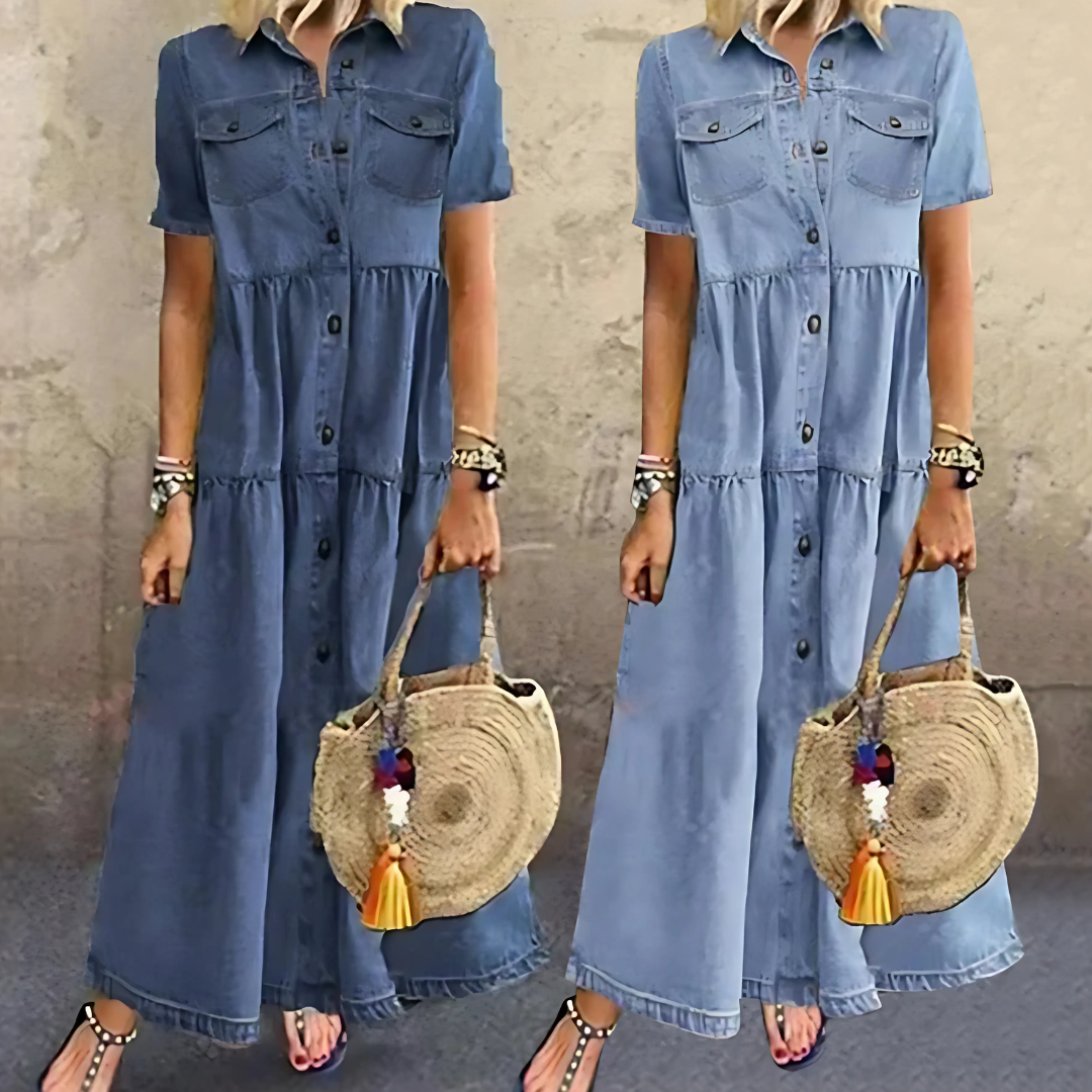 Théodeline | Robe Femme en Jean Longue Boutonnée - Light Blue - Image 4
