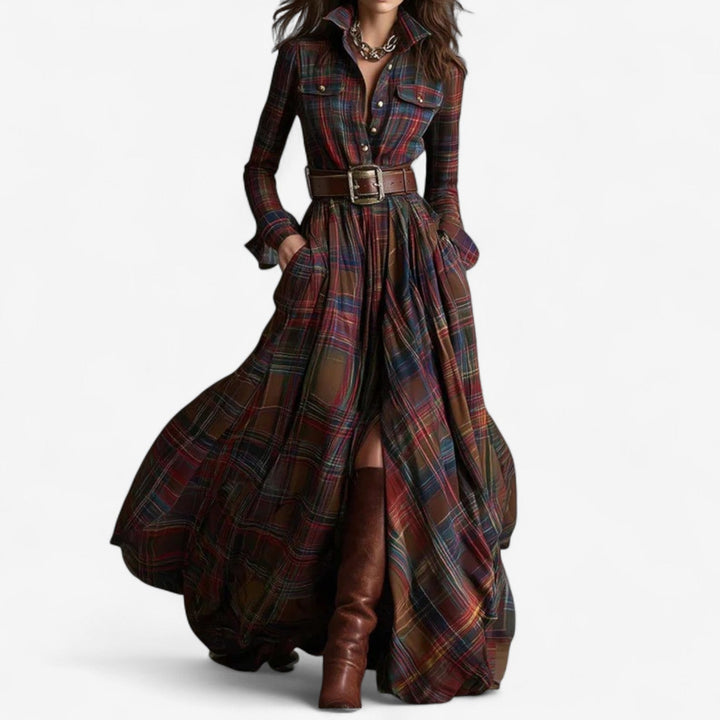 Théodora | Femme Robe Longue Carreaux Maxi Chemise - Image 1