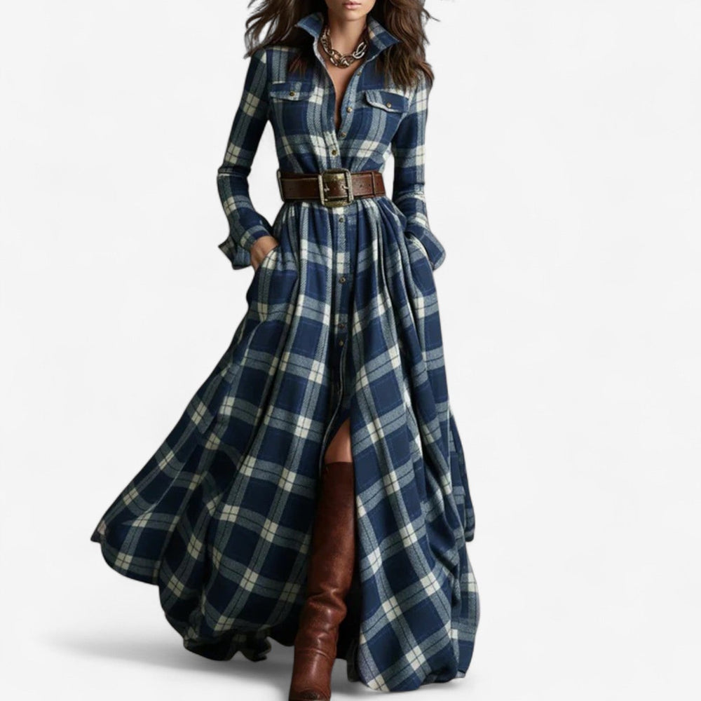 Théodora | Femme Robe Longue Carreaux Maxi Chemise - Image 2