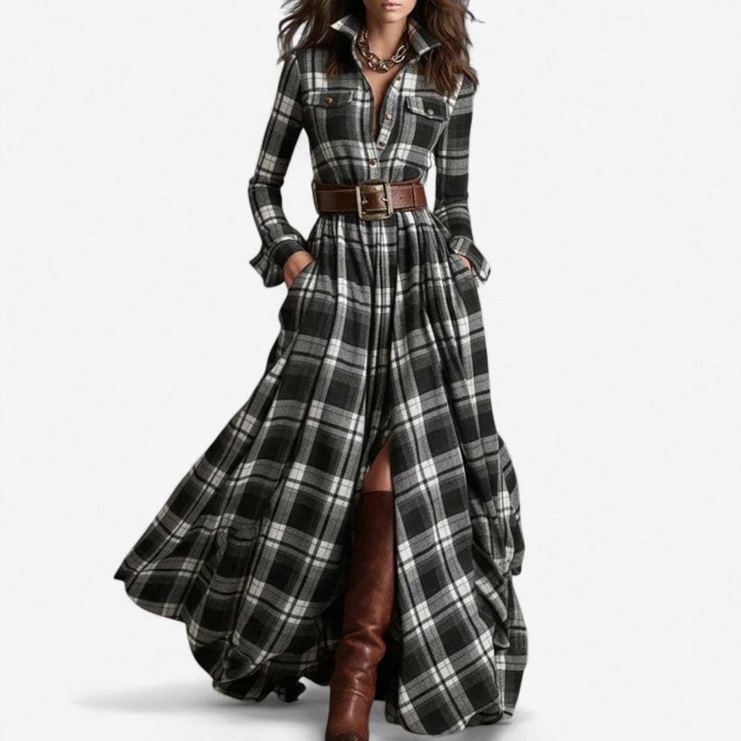 Théodora | Femme Robe Longue Carreaux Maxi Chemise - Image 3