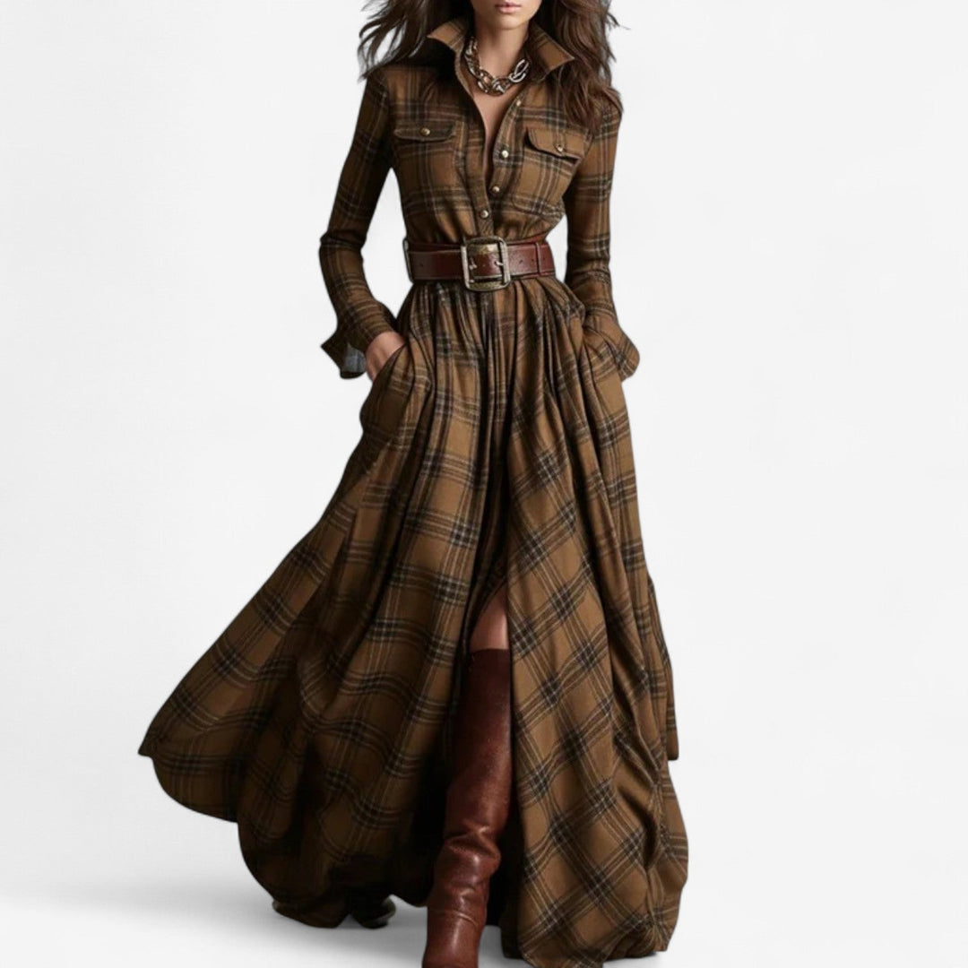 Théodora | Femme Robe Longue Carreaux Maxi Chemise - Image 4