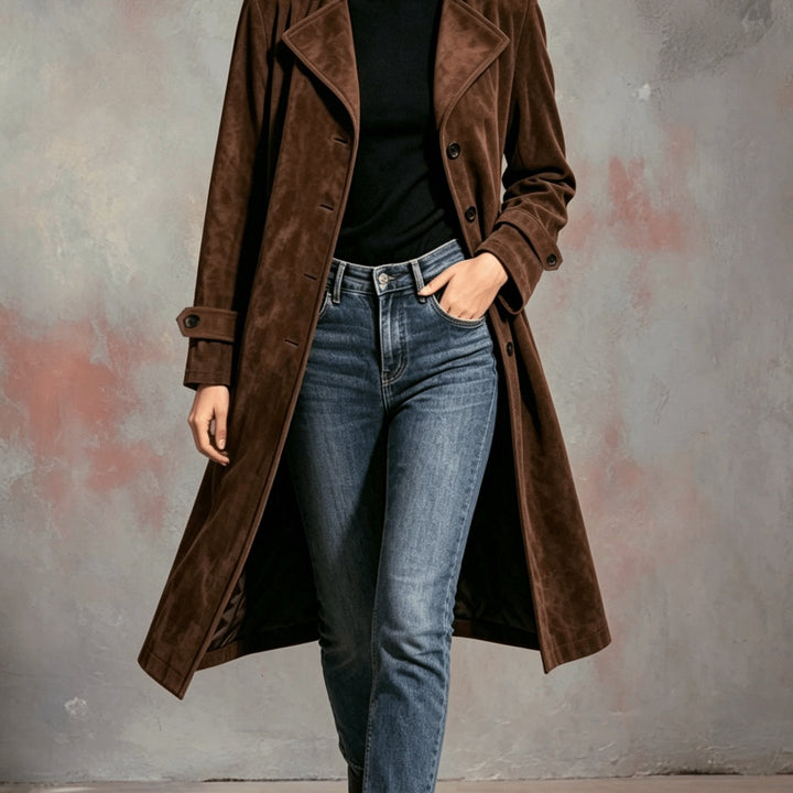 Tholvaine | Femme Manteau Long Suède Col Revers - Dark Brown - Image 1