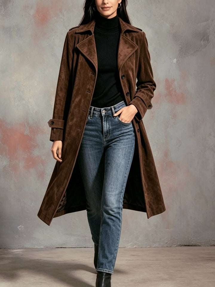 Tholvaine | Femme Manteau Long Suède Col Revers - Dark Brown - Image 2