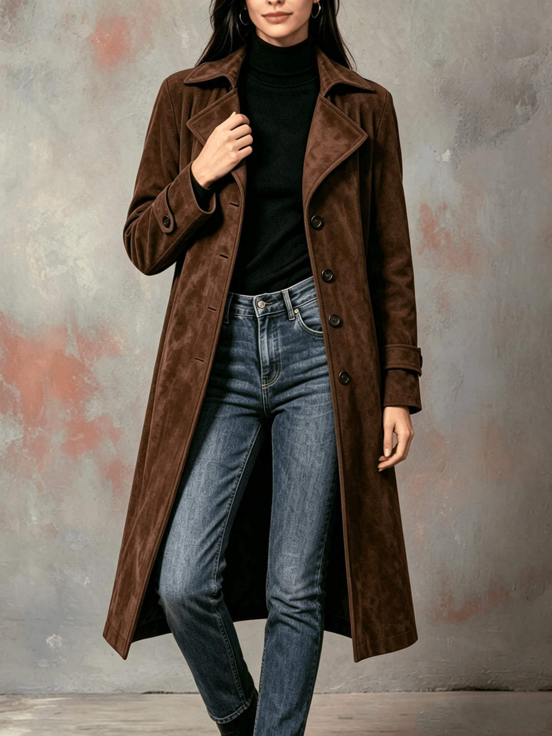 Tholvaine | Femme Manteau Long Suède Col Revers - Dark Brown - Image 4