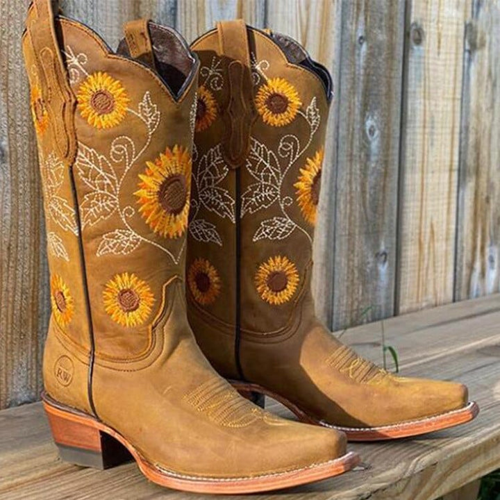 Tholvard | Femme Bottes Cowboy Broderie Tournesol - Camel - Image 1