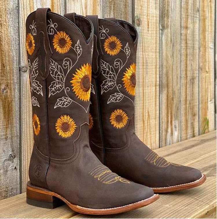 Tholvard | Femme Bottes Cowboy Broderie Tournesol - Camel - Image 2
