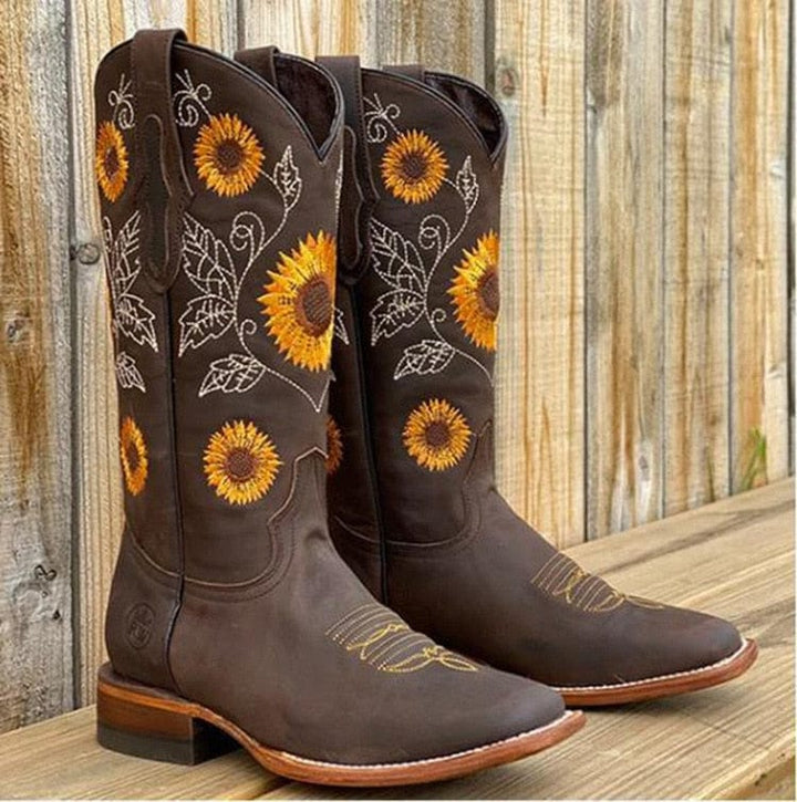 Tholvard | Femme Bottes Cowboy Broderie Tournesol - Camel - Image 2