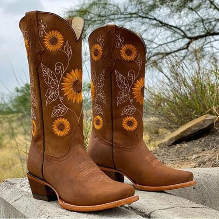 Tholvard | Femme Bottes Cowboy Broderie Tournesol - Camel - Image 3
