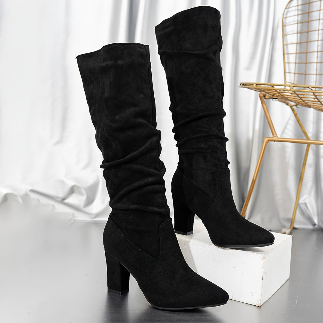 Tholvine | Femme Bottes Genou Talon Carré Froncées - Black - Image 1