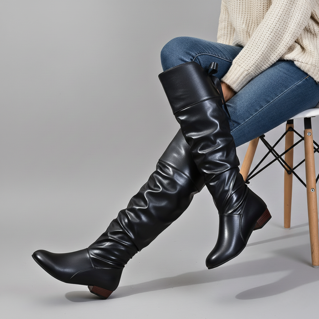 Tholvïne | Femme Bottes Cuissardes Plates Froncées - Image 1
