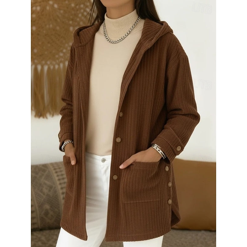 Théroline | Femme Gilet Long à Capuche Côtelé - Brown - Image 1