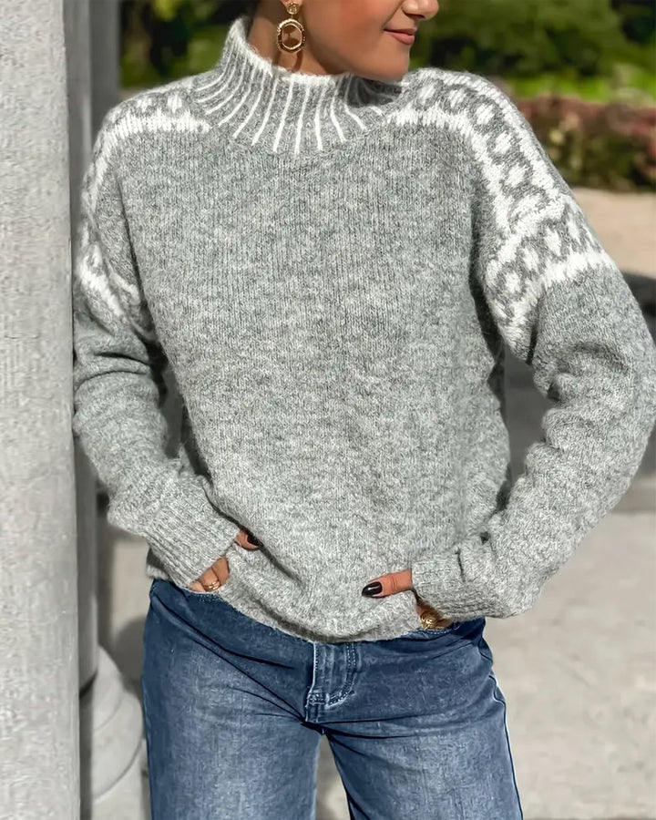 Thévane | Pull Femme Col Montant Jacquard Nordique - Light Grey - Image 1