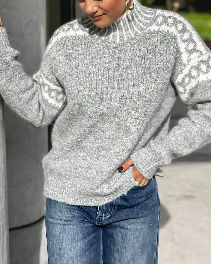 Thévane | Pull Femme Col Montant Jacquard Nordique - Light Grey - Image 3