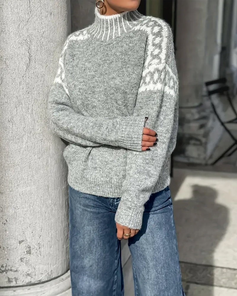 Thévane | Pull Femme Col Montant Jacquard Nordique - Light Grey - Image 5