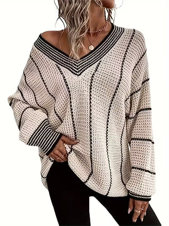 Tilvore | Pull Femme Oversize Col V Rayé - Cream - Image 1