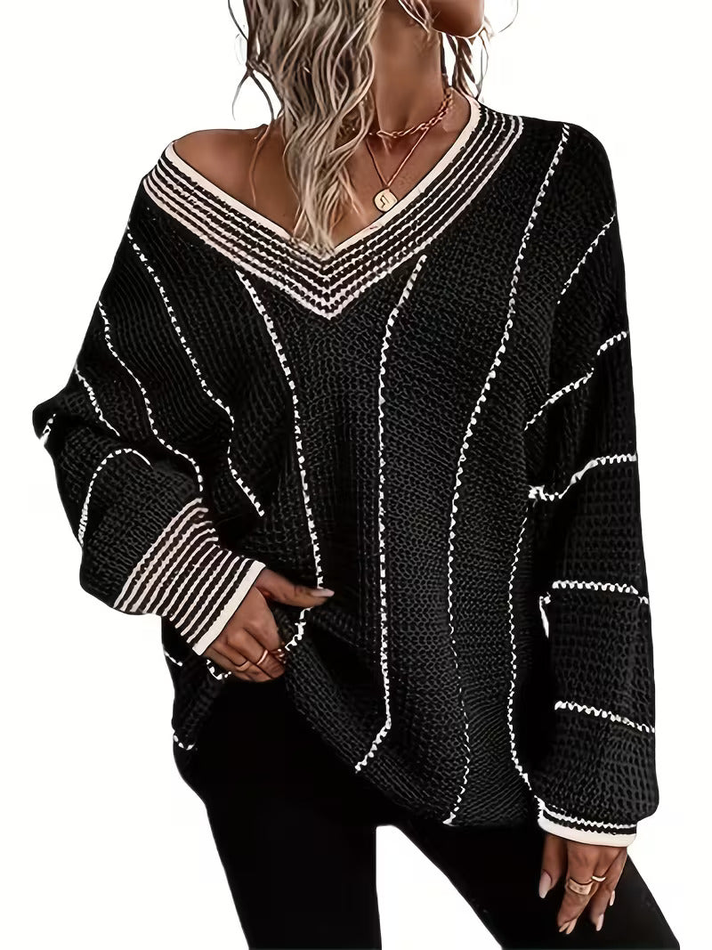 Tilvore | Pull Femme Oversize Col V Rayé - Cream - Image 2