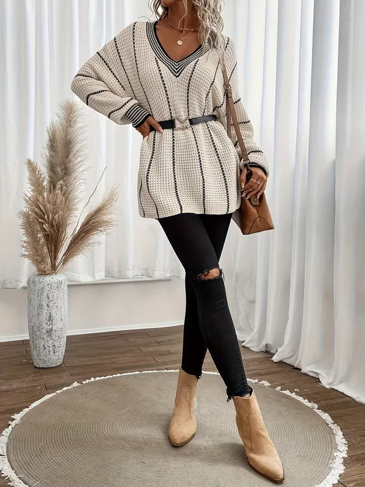 Tilvore | Pull Femme Oversize Col V Rayé - Cream - Image 3