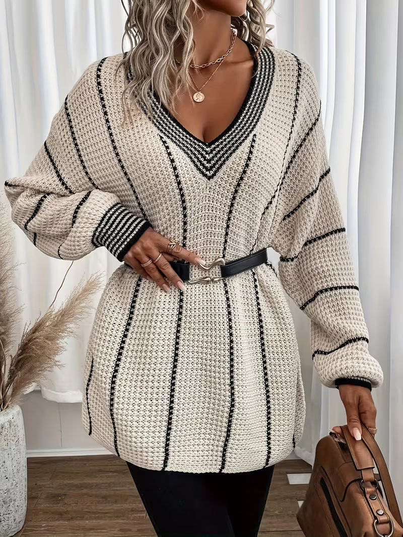 Tilvore | Pull Femme Oversize Col V Rayé - Cream - Image 4