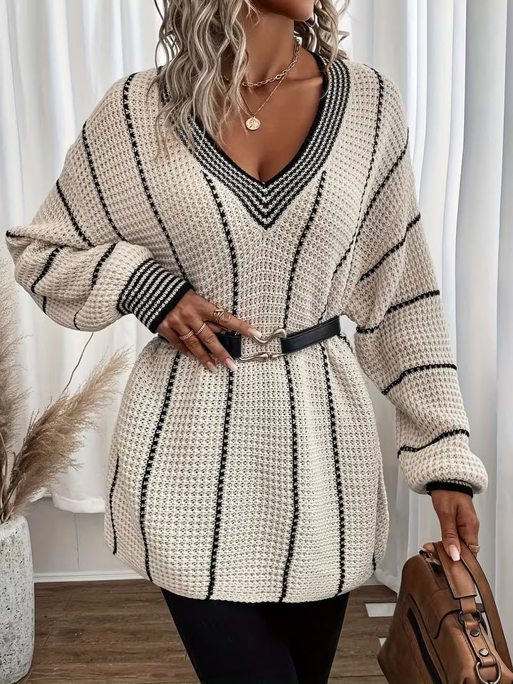 Tilvore | Pull Femme Oversize Col V Rayé - Cream - Image 4