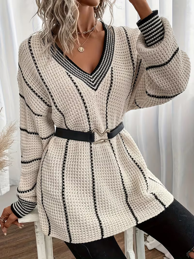Tilvore | Pull Femme Oversize Col V Rayé - Cream - Image 5
