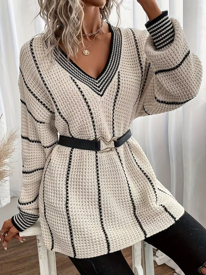 Tilvore | Pull Femme Oversize Col V Rayé - Cream - Image 5