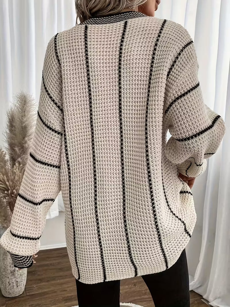 Tilvore | Pull Femme Oversize Col V Rayé - Cream - Image 6