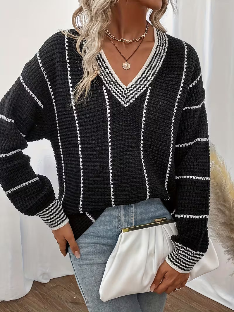 Tilvore | Pull Femme Oversize Col V Rayé - Cream - Image 8
