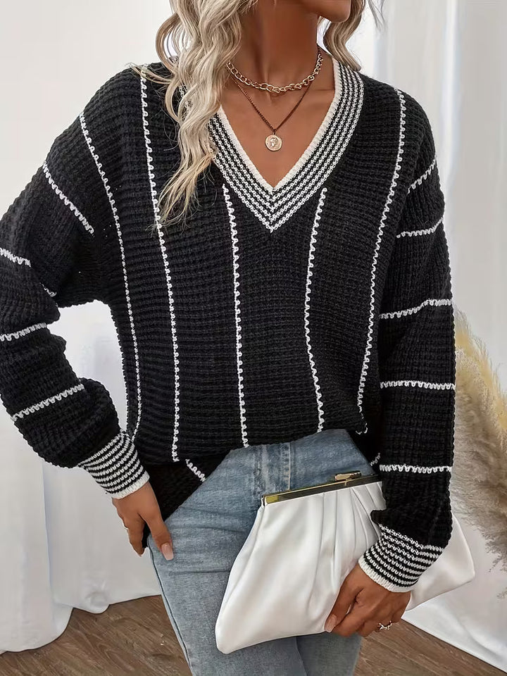 Tilvore | Pull Femme Oversize Col V Rayé - Cream - Image 8
