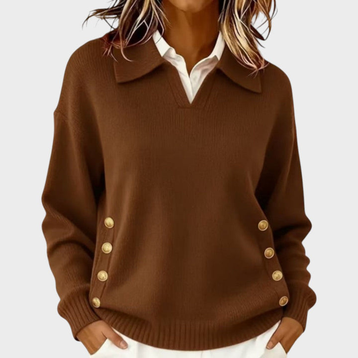 Tolvène | Pull Col Polo Femme Boutons Dorés - Brown - Image 1