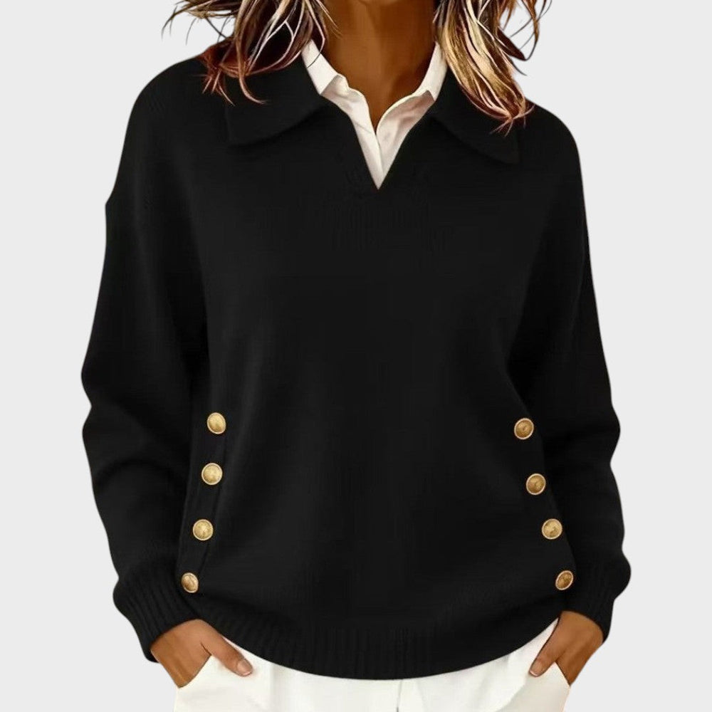Tolvène | Pull Col Polo Femme Boutons Dorés - Brown - Image 2