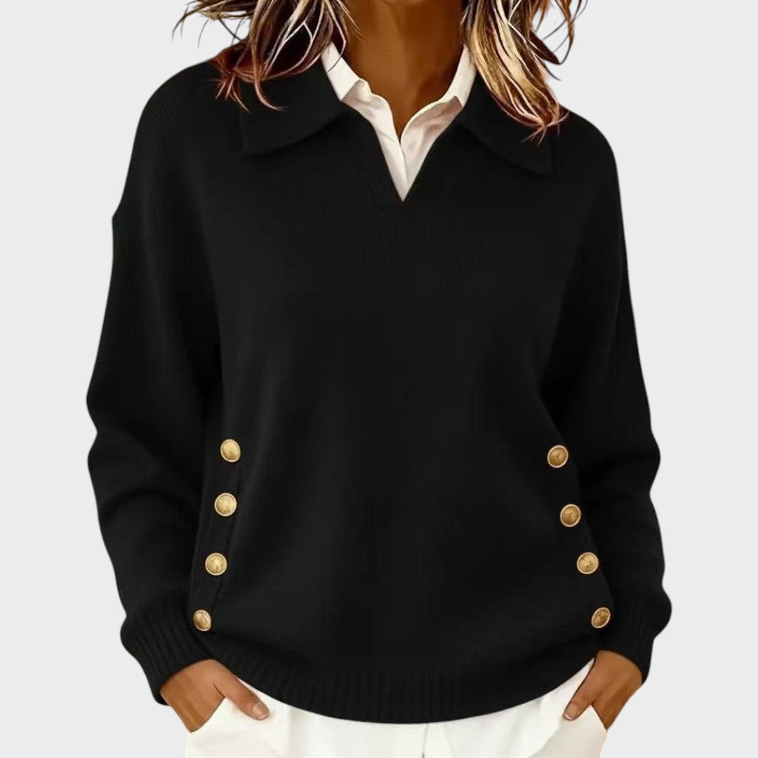 Tolvène | Pull Col Polo Femme Boutons Dorés - Brown - Image 2