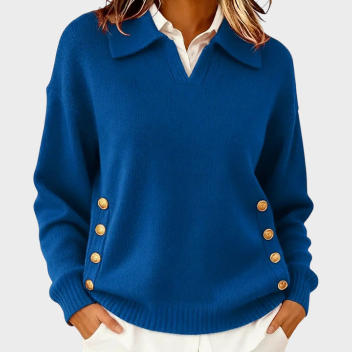 Tolvène | Pull Col Polo Femme Boutons Dorés - Brown - Image 3