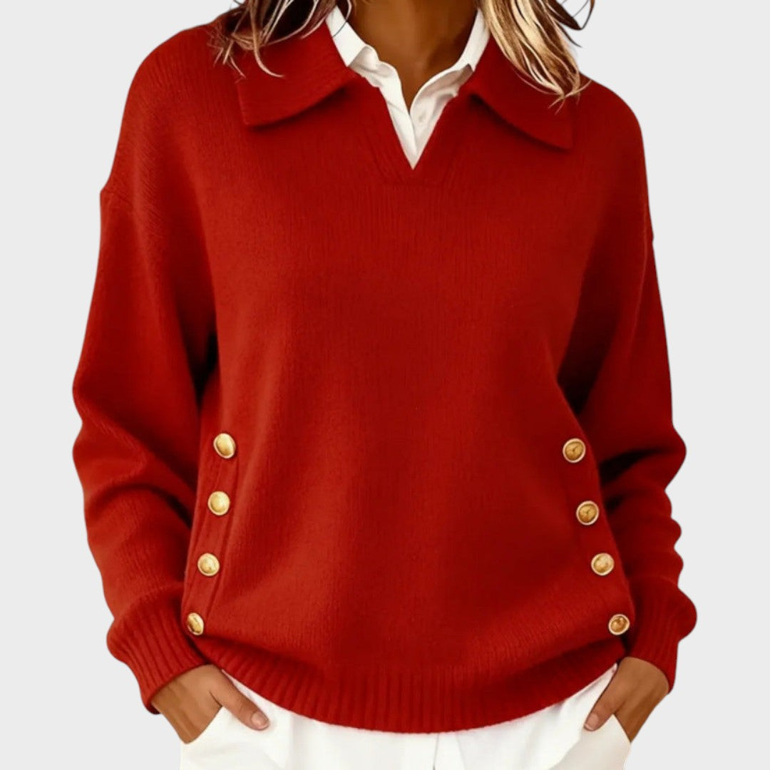 Tolvène | Pull Col Polo Femme Boutons Dorés - Brown - Image 4