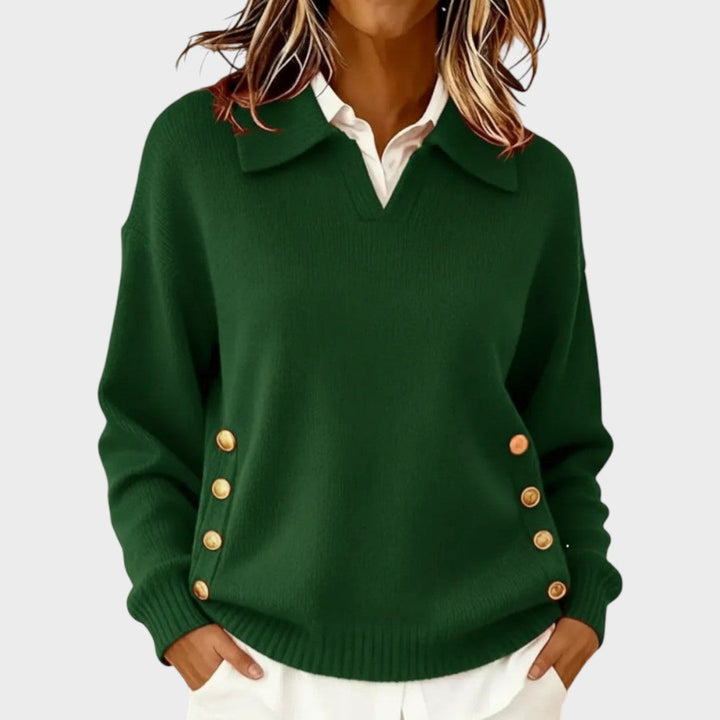 Tolvène | Pull Col Polo Femme Boutons Dorés - Brown - Image 5
