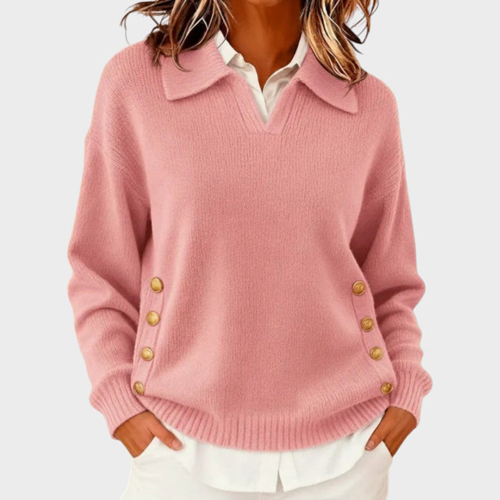 Tolvène | Pull Col Polo Femme Boutons Dorés - Brown - Image 6